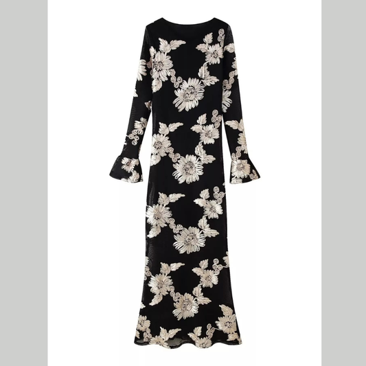 Floral Flounce Sleeve Round Neck Dress