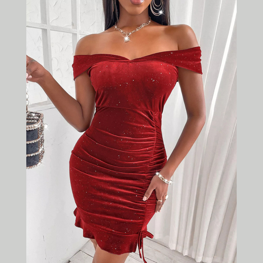Sparkly Velvet Off-Shoulder Ruched Bodycon Dress