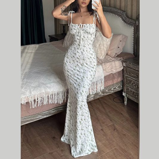 Floral Print Tie Strap Bodycon Maxi Dress
