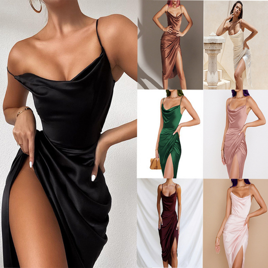 Sexy Slit Satin European And American Slim Sleeveless Split Skirt Dress