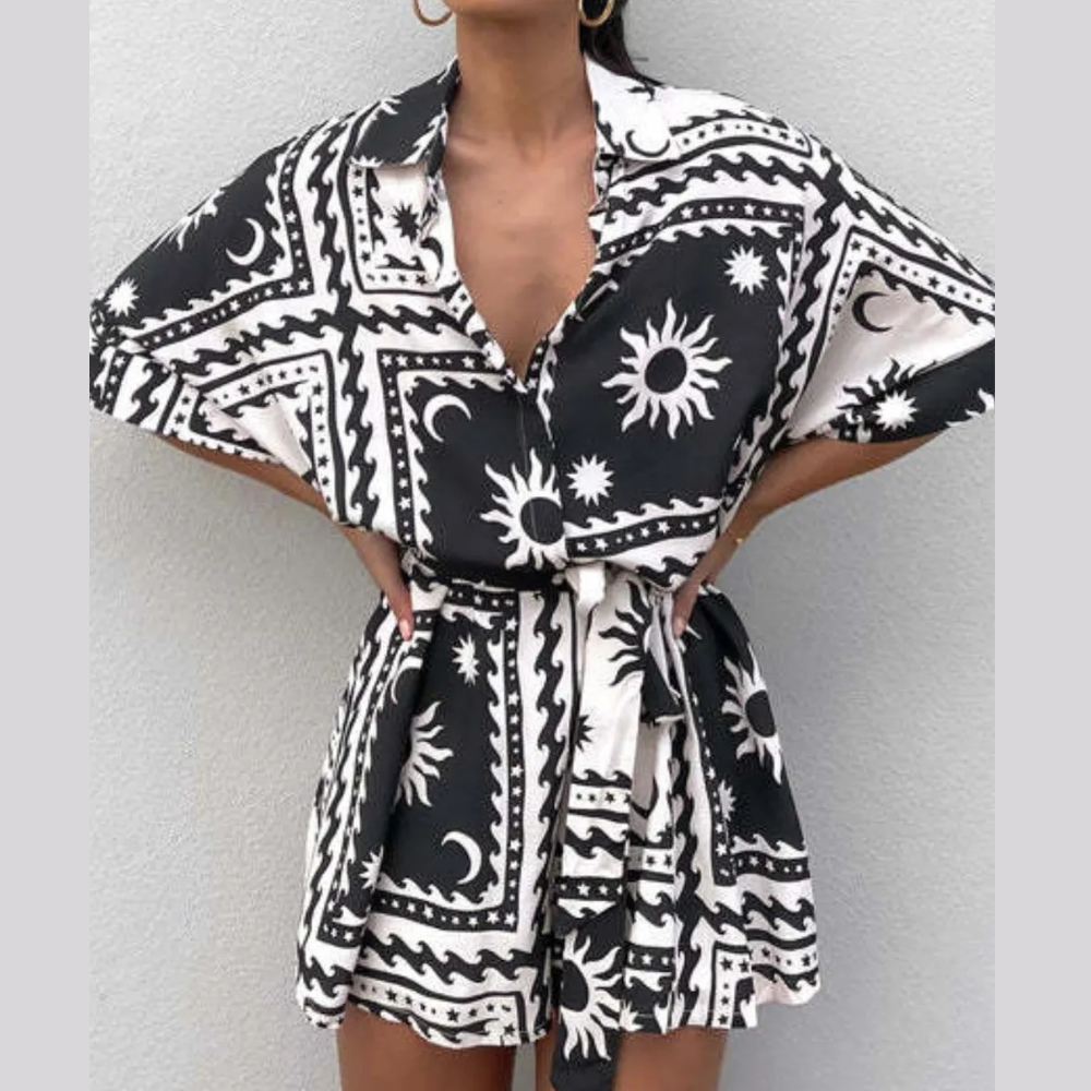 Printed Tie Waist Half Sleeve Romper