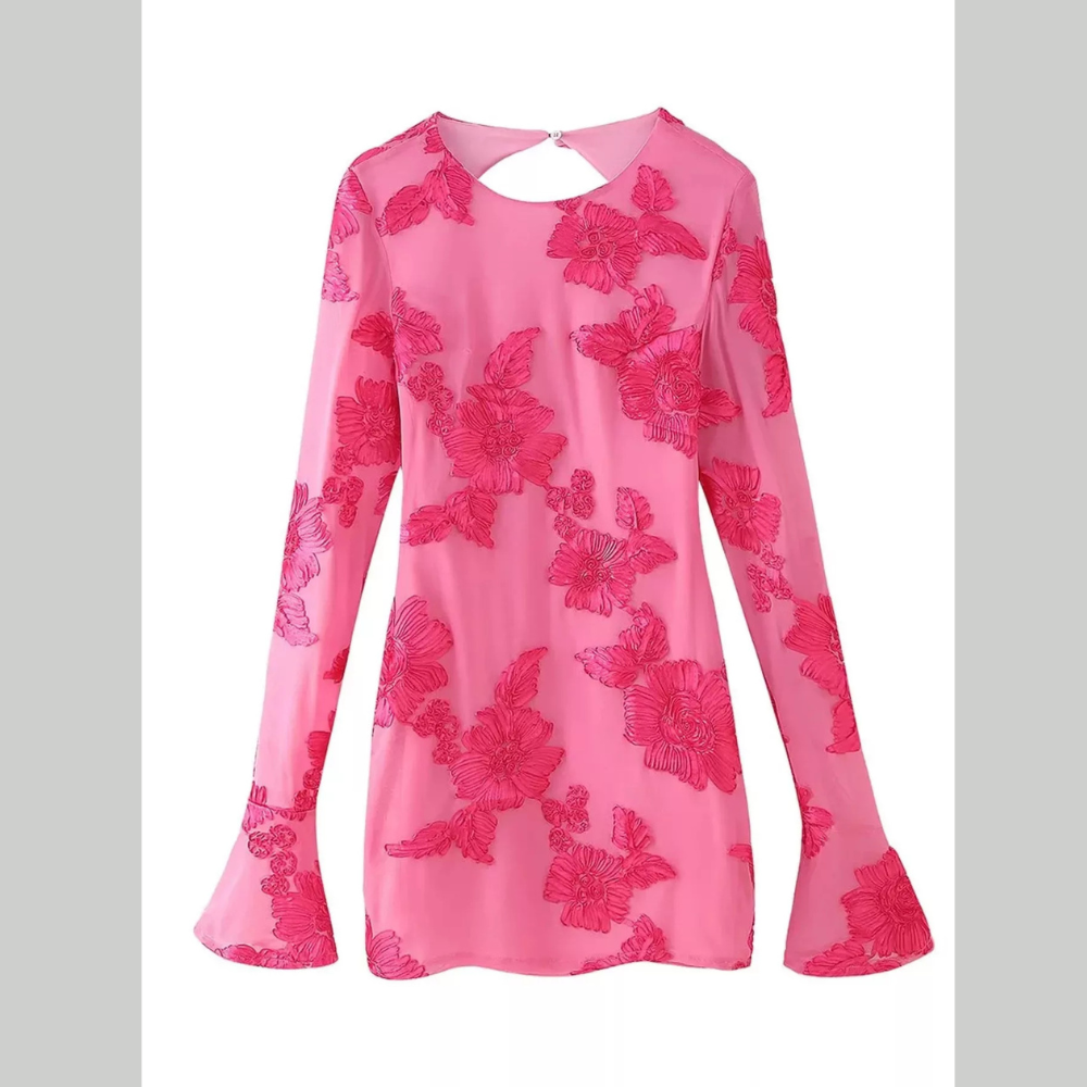 Backless Floral Flounce Sleeve Dress