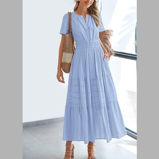 Notched Short Sleeve Tiered Dress