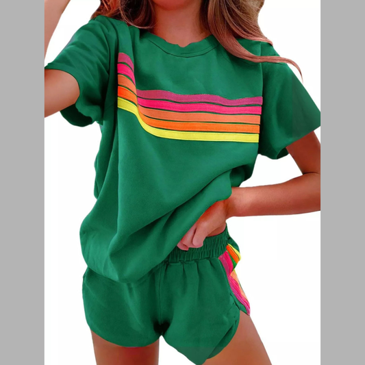 Rainbow Striped Round Neck Top and Shorts Set
