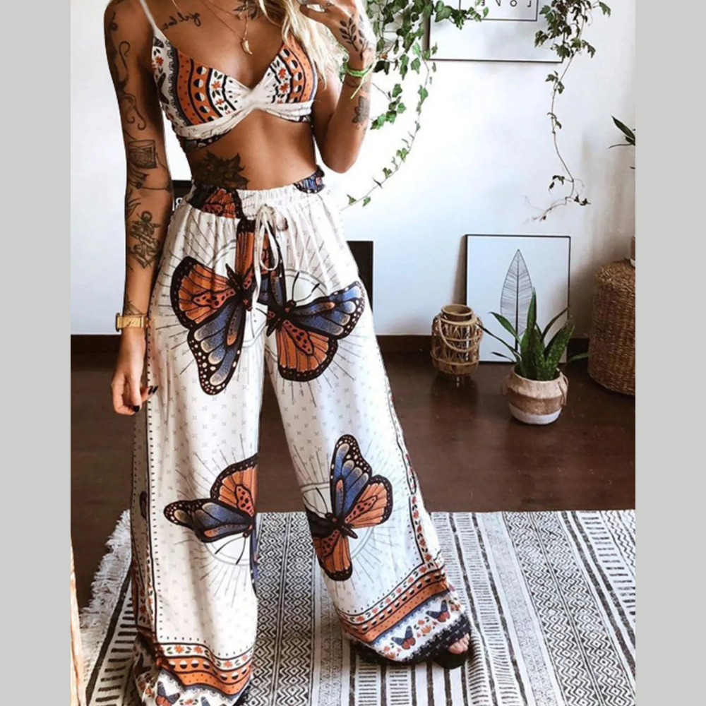 Boho Butterfly Print Top and Pants Set