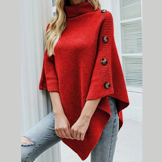 Button-Decor Turtleneck Poncho Pullover
