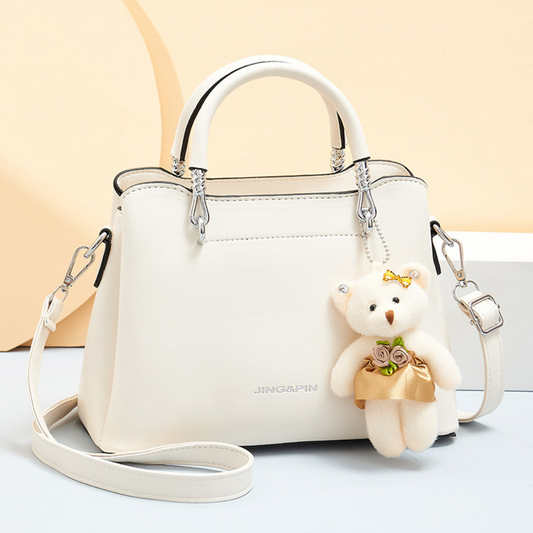 Large Capacity Soft Leather Bear Pendant Women's Shoulder Handbag