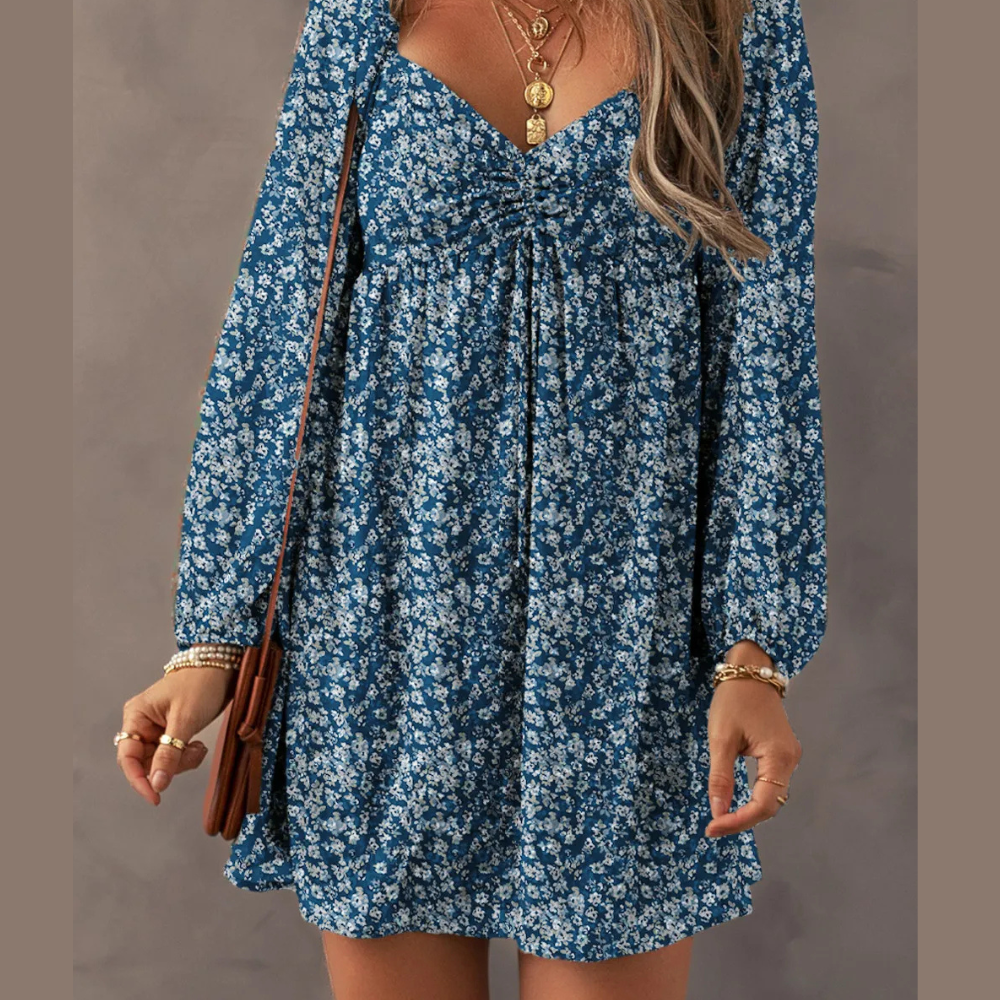 Ruched Printed Long Sleeve Mini Dress
