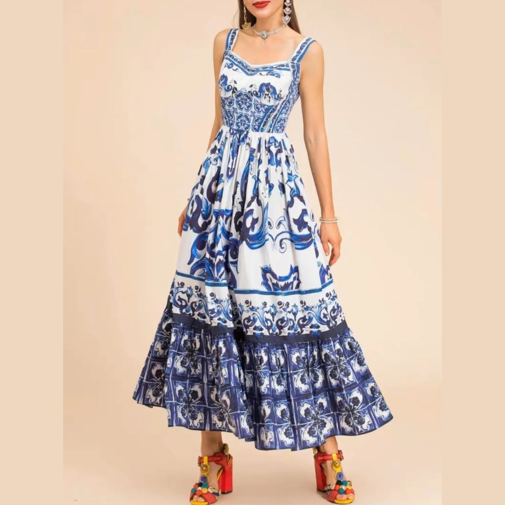 Smocked Printed Wide Strap Dress