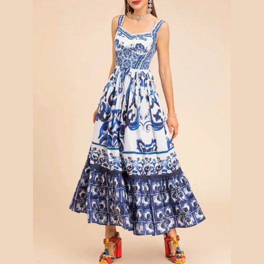 Smocked Printed Wide Strap Dress