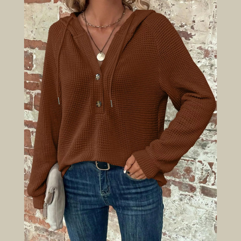 Waffle Knit Button Detail Hoodie