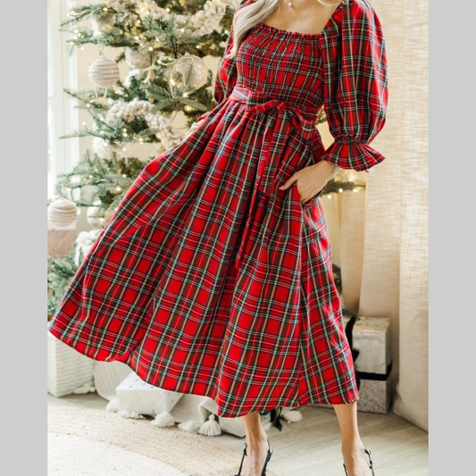 Plaid Smocked Flounce Sleeve Midi Dress