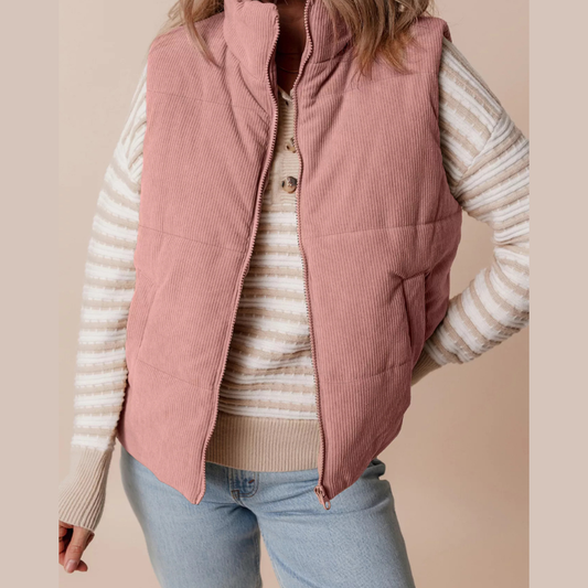 Corduroy Stand Neck Zipped Puffer Vest