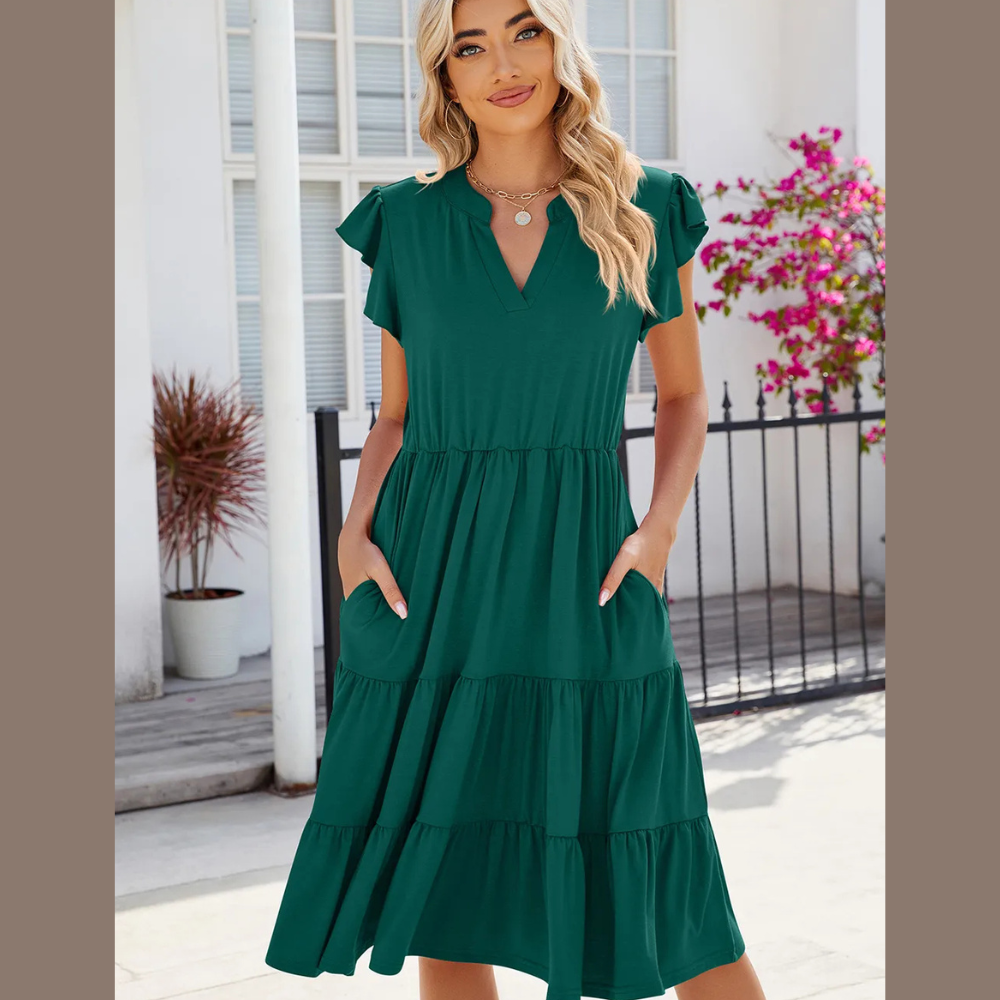 Ruched Notched Cap Sleeve Dress
