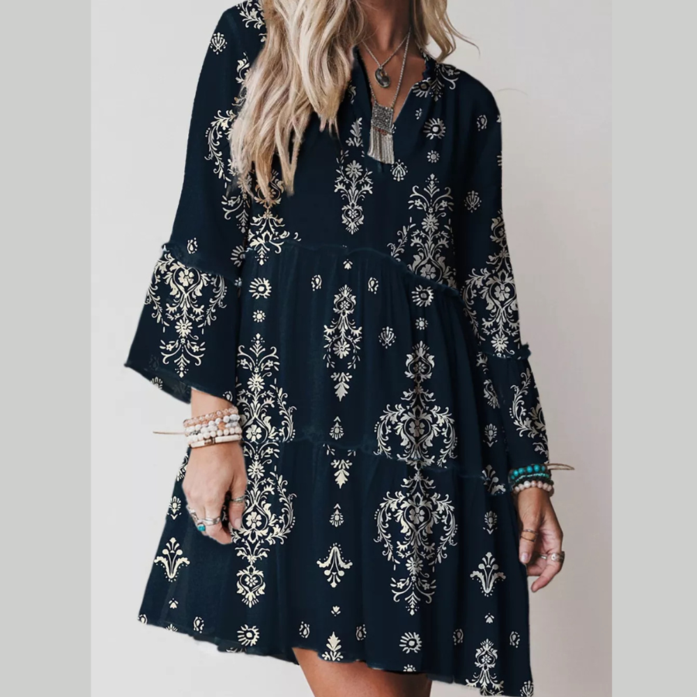 Printed Long Sleeve Tiered Mini Dress