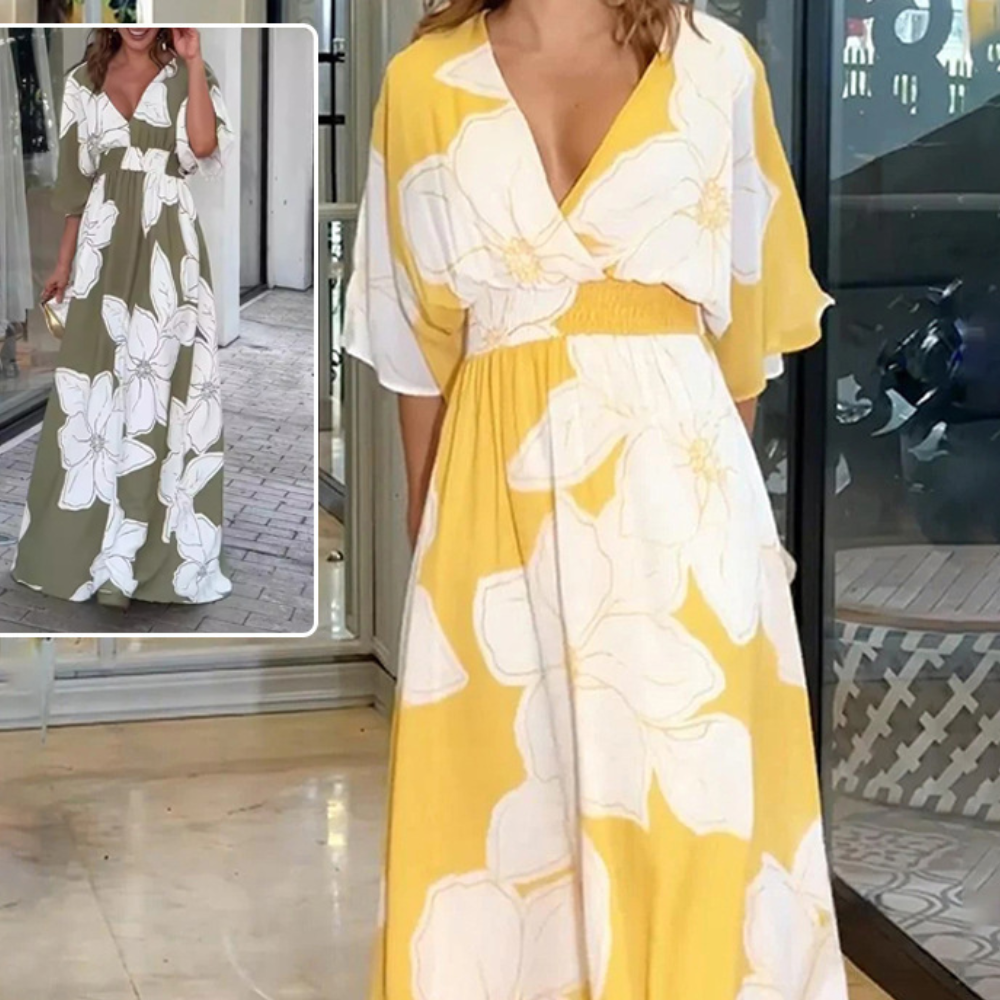 Flower Printed V-neck Batwing-sleeved Dress Fashion Elegant Backless Long Dresses Women's Clothing