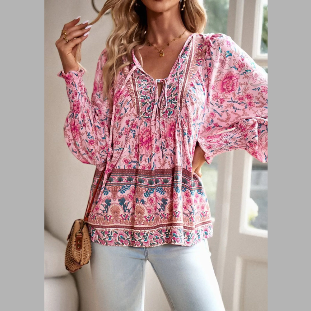 Floral Print Tie Neck Bohemian Blouse