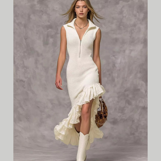Asymmetrical Ruffle Hem Sleeveless Knit Dress