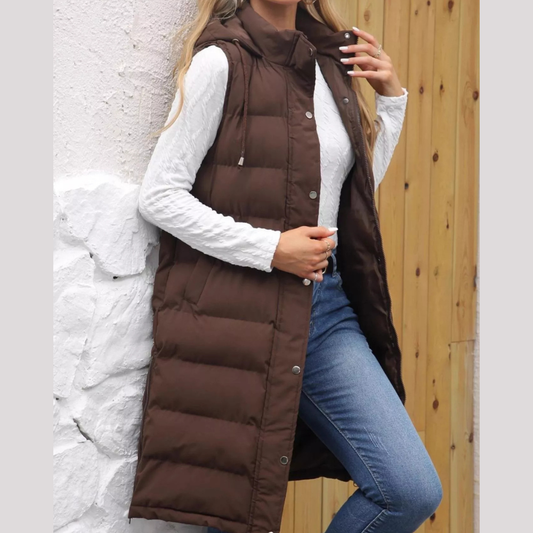 Full Size Snap Down Hooded Padded Longline Vest Coat Plus Size