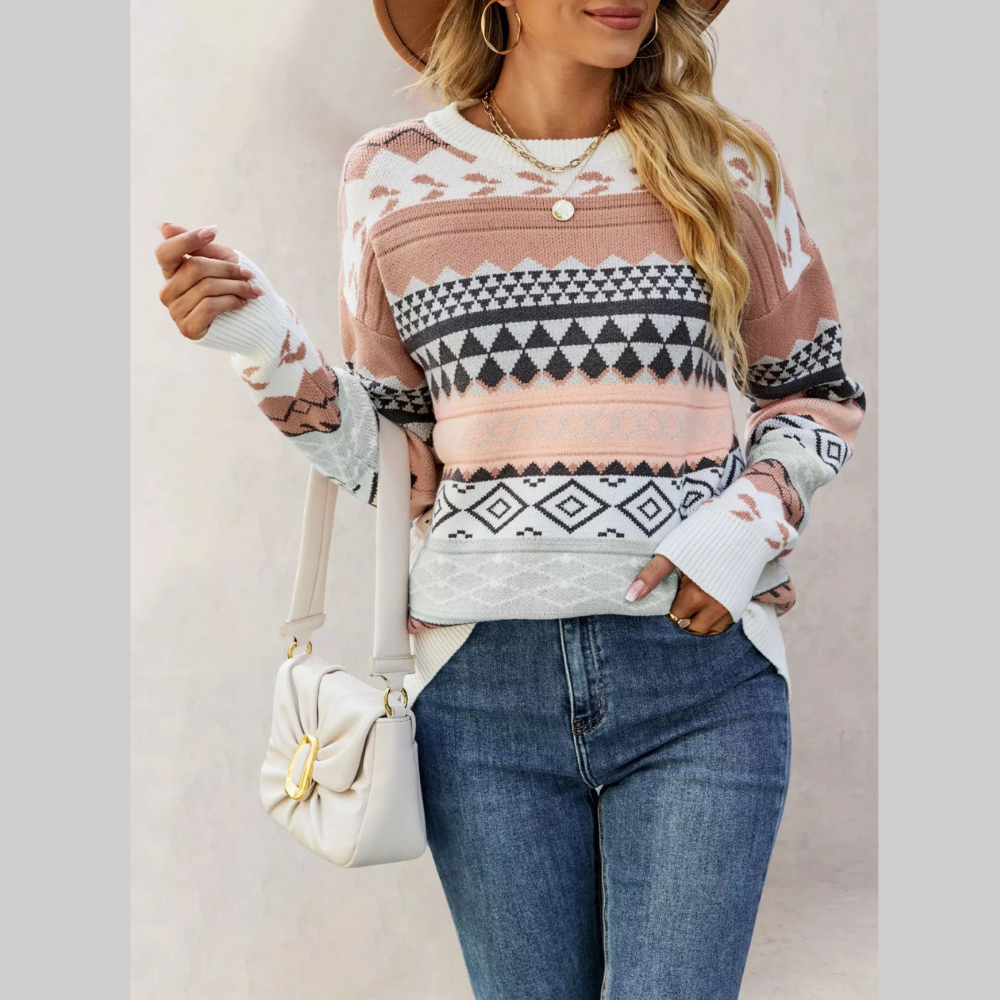 Geometric Pattern Round Neck Sweater