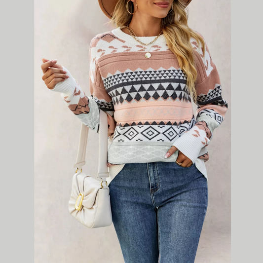 Geometric Pattern Round Neck Sweater