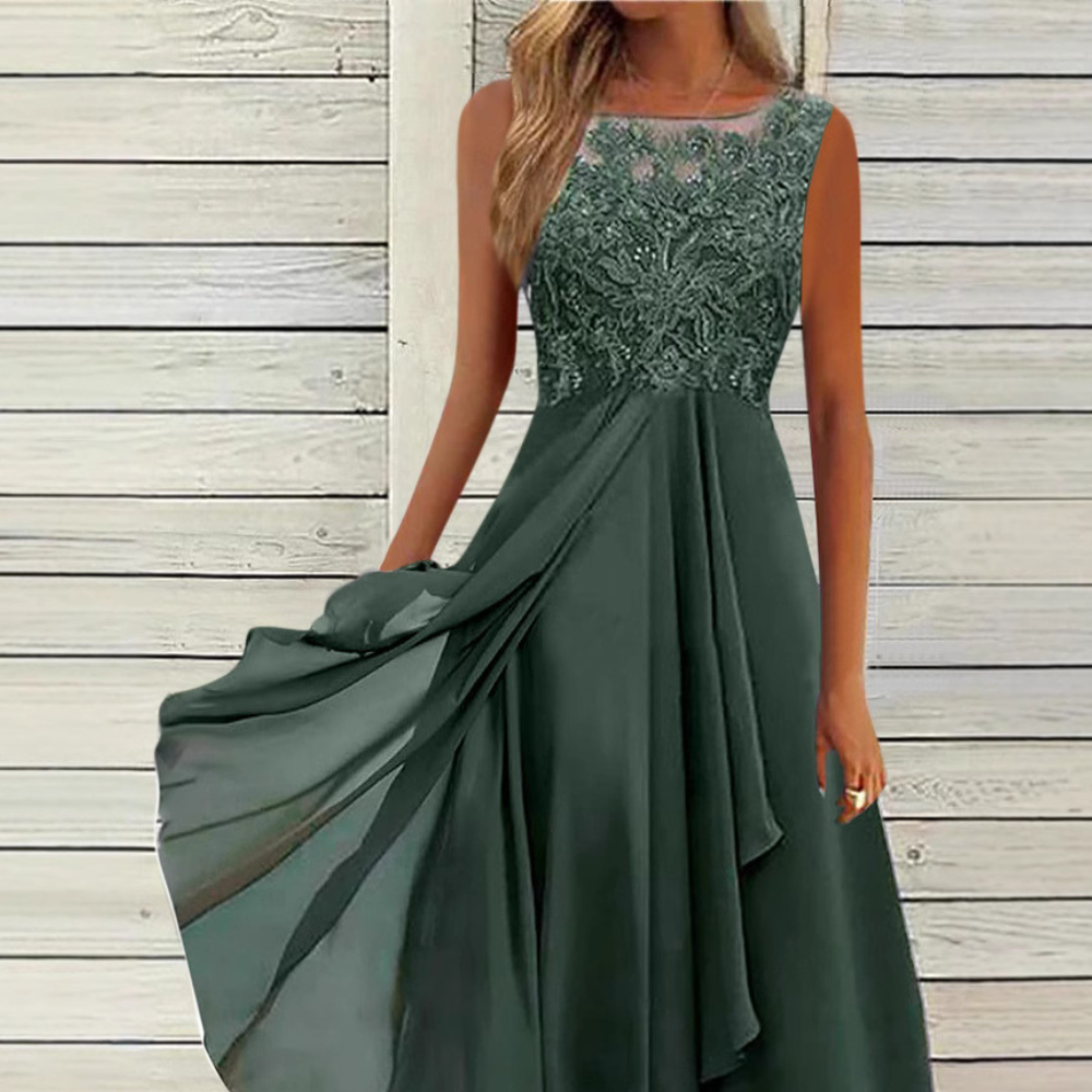 Women's Sleeveless Stitching Lace Hollow-out Chiffon Dress