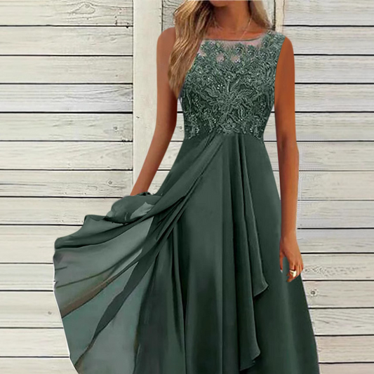 Women's Sleeveless Stitching Lace Hollow-out Chiffon Dress