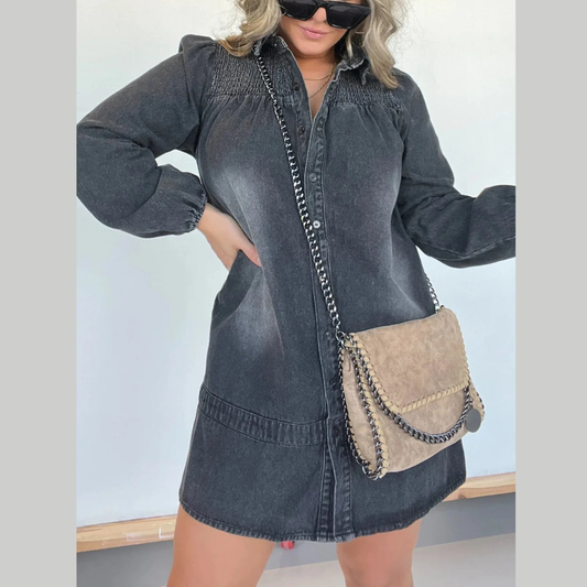 Full Size Button Front Long Sleeve Denim Dress Plus Size