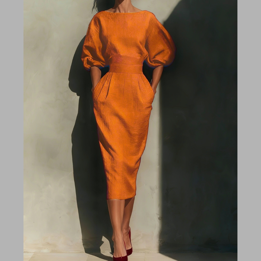 Round Neck Puff Sleeves Midi Dress