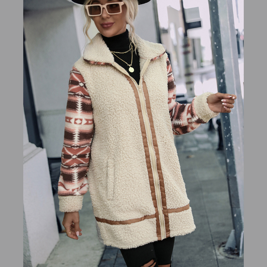 Geometric Zip-Up Collared Sherpa Jacket