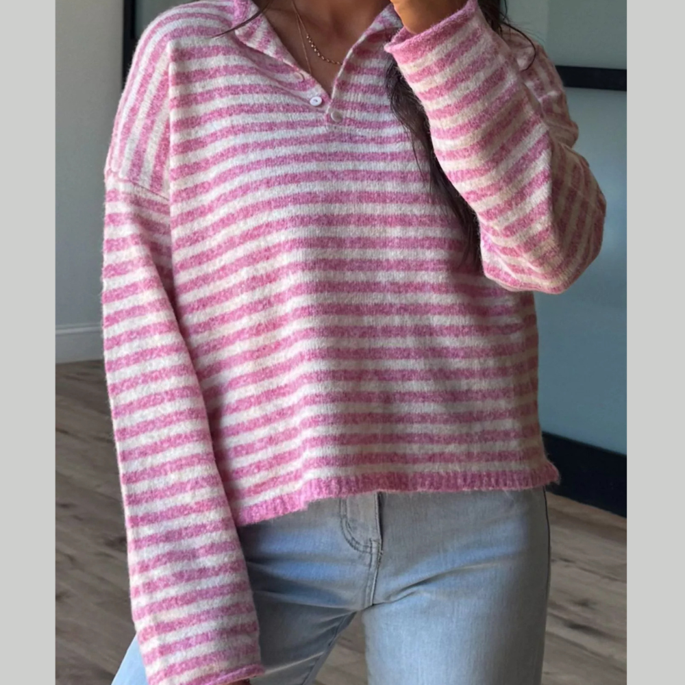 Button Detail Dropped Shoulder Striped Sweater