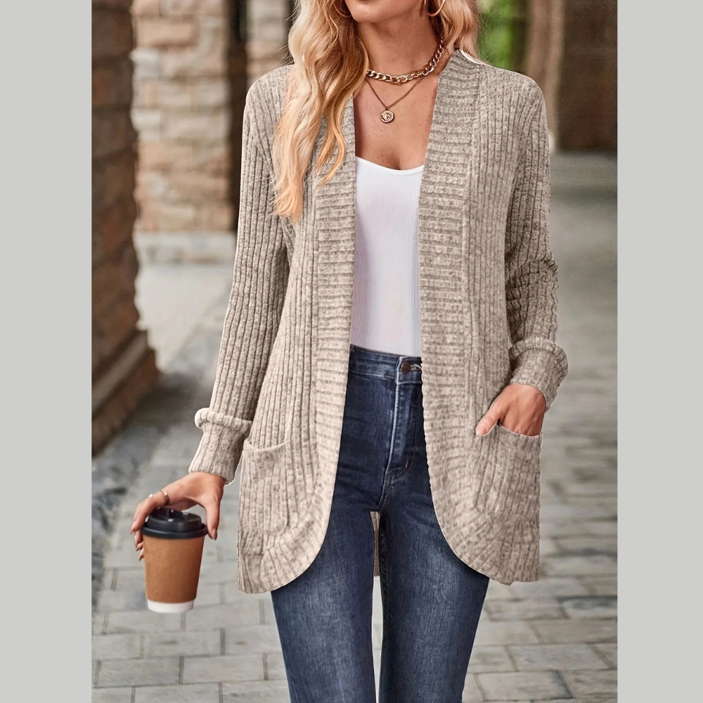 Ribbed Open Front Long Cardigan with Pockets