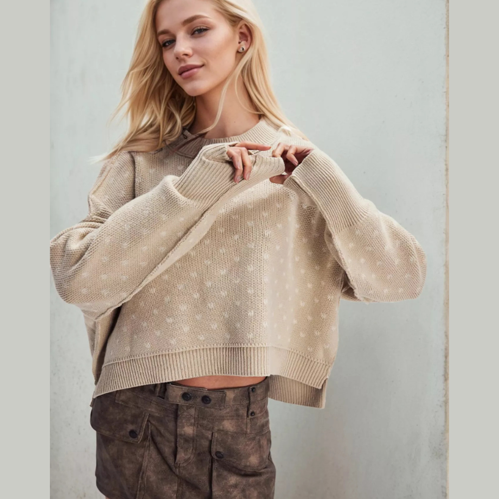 Heart-Patterned Round Neck Sweater