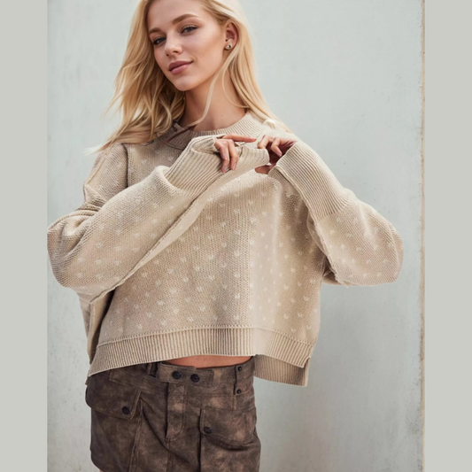 Heart-Patterned Round Neck Sweater