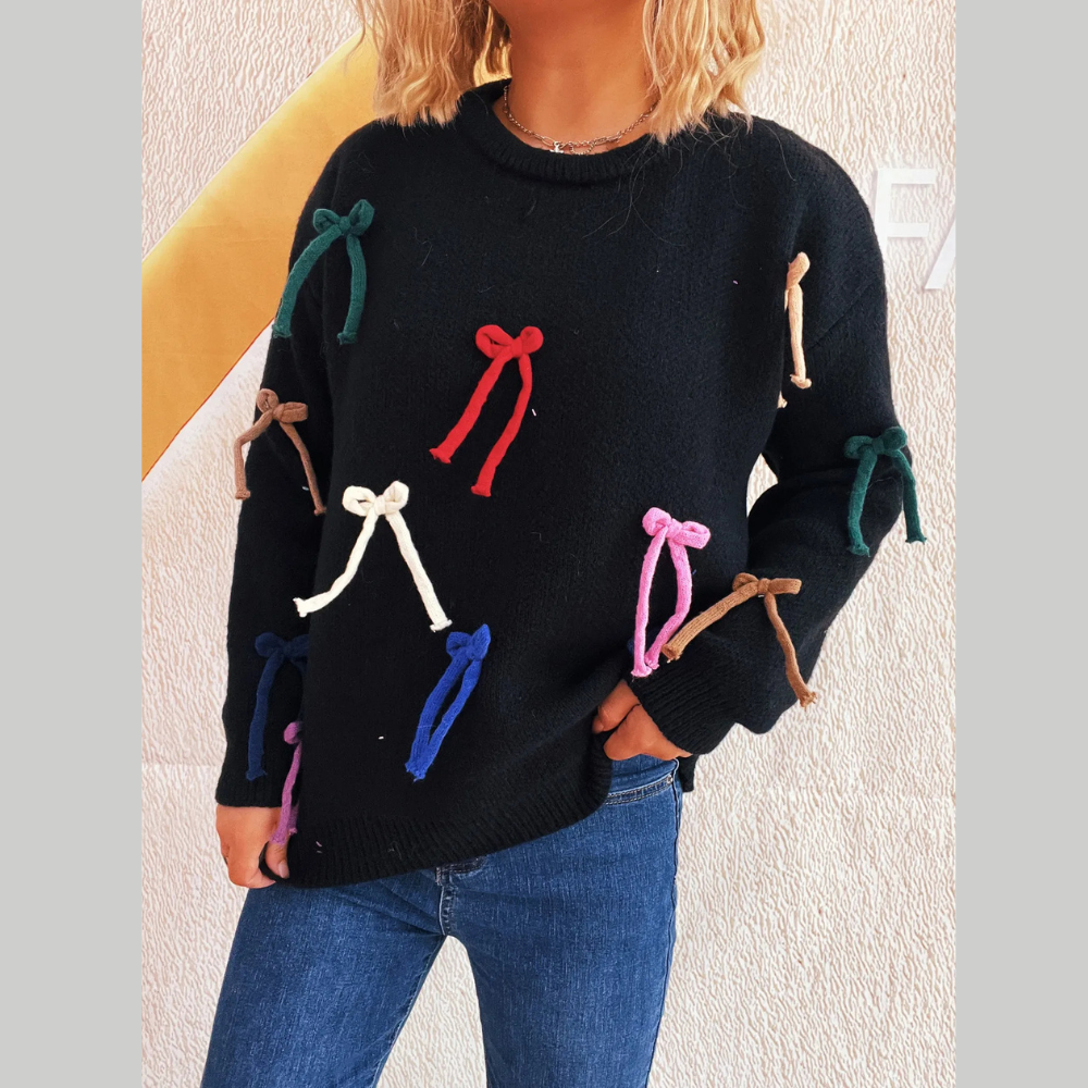 Colorful Bow Round Neck Sweater
