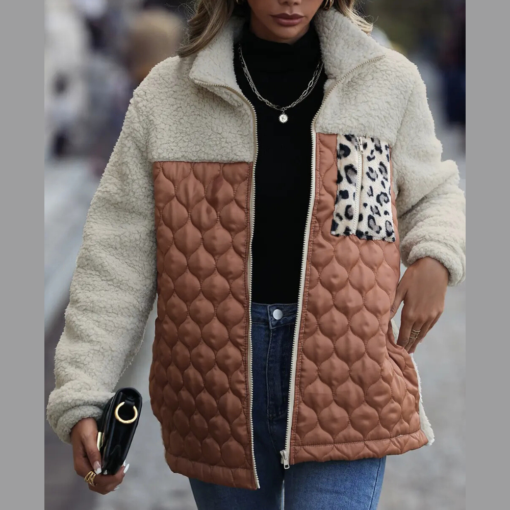 Leopard Color Block Zip-Up Jacket