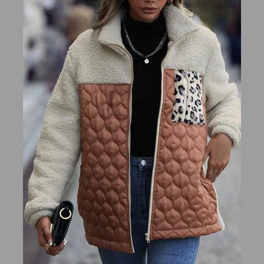 Leopard Color Block Zip-Up Jacket