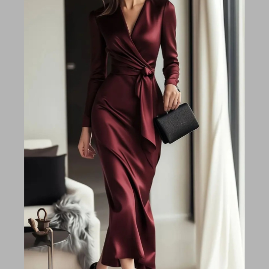 Satin Tie Waist Long Sleeve Dress