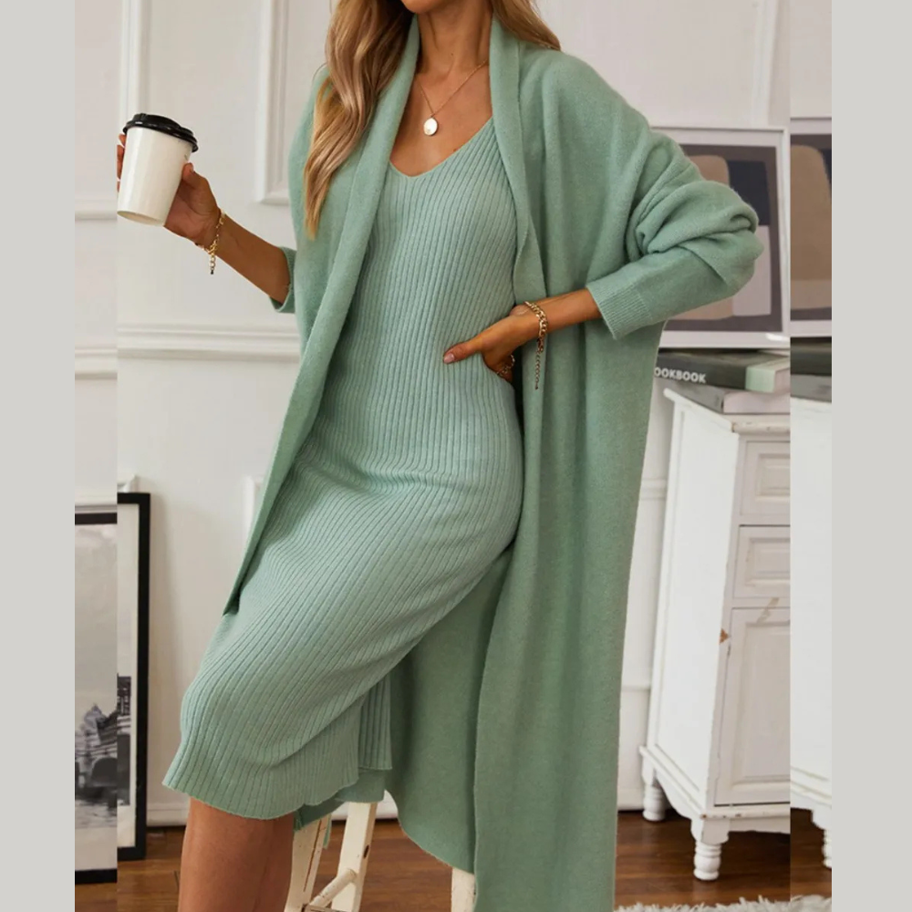 V-Neck Cami Dress and Open Front Cardigan Sweater Set