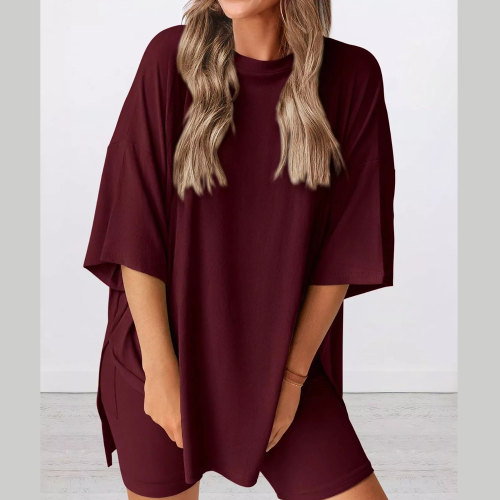 Full Size Relaxed Fit Round Neck Top and Shorts Two-Piece Set Plus Size