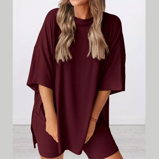 Full Size Relaxed Fit Round Neck Top and Shorts Two-Piece Set Plus Size