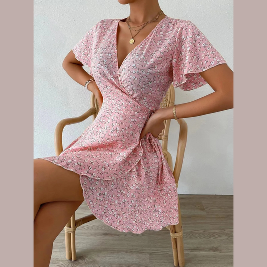 Floral Flutter Sleeve Wrap Mini Dress