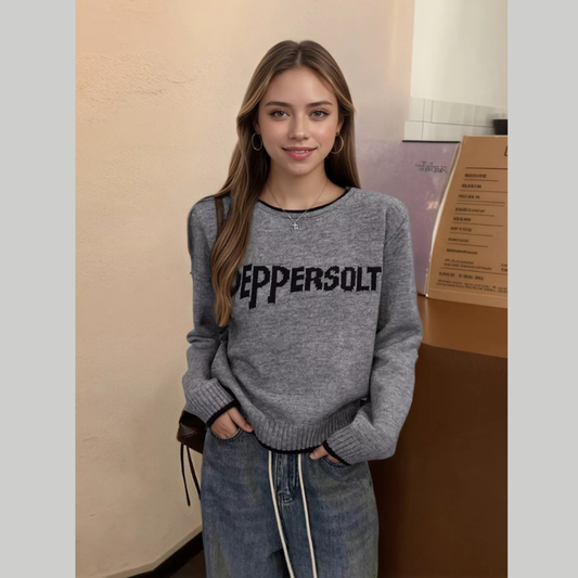Letter Contrast Trim Round Neck Sweater