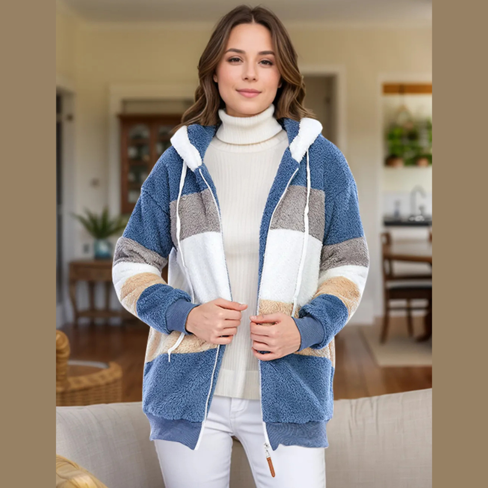 Full Size Drawstring Color Block Zip Up Hooded Outerwear