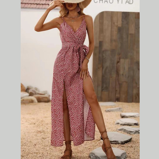 Slit Printed Surplice Midi Dress