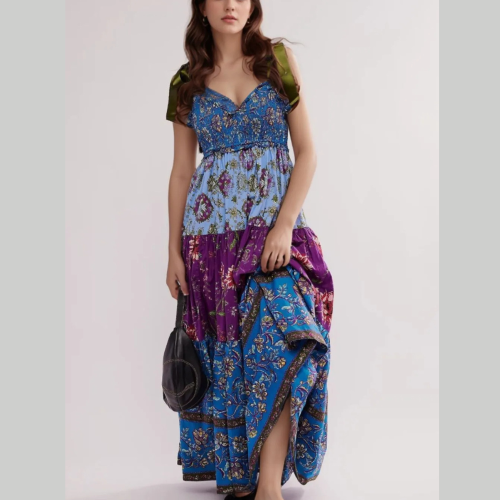 Floral Tiered Maxi Dress with Mixed Print Design