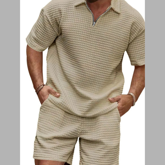 Men's Full Size Zip Collar Short Sleeve Top and Shorts Set Plus Size