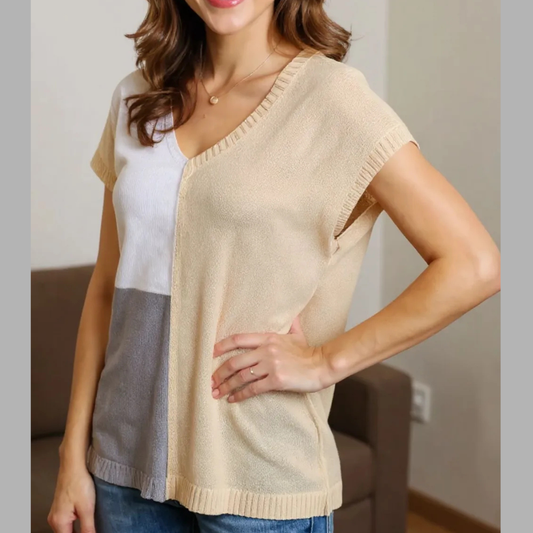 Women's V-Neck Colorblock Knit Pullover Top