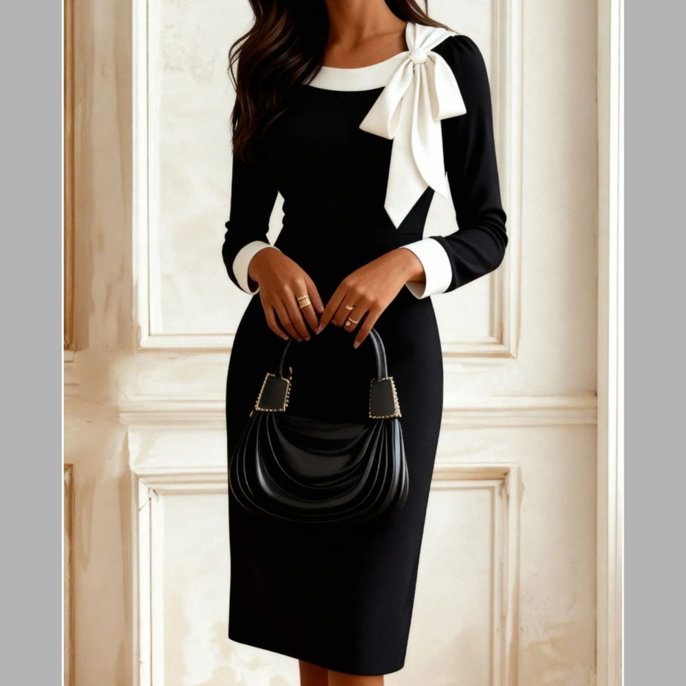 Bowknot Contrast Trim Long Sleeve Dress