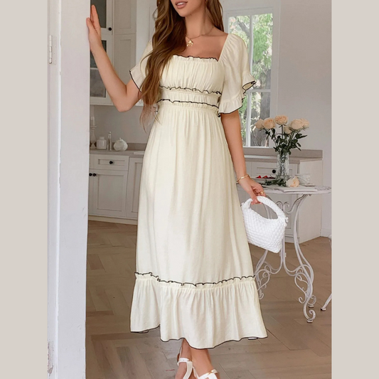 Square Neck Puff Sleeve Ruffle Trim Maxi Dress